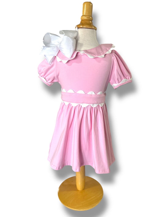 Ric Rac Collared Dress-Pink/White