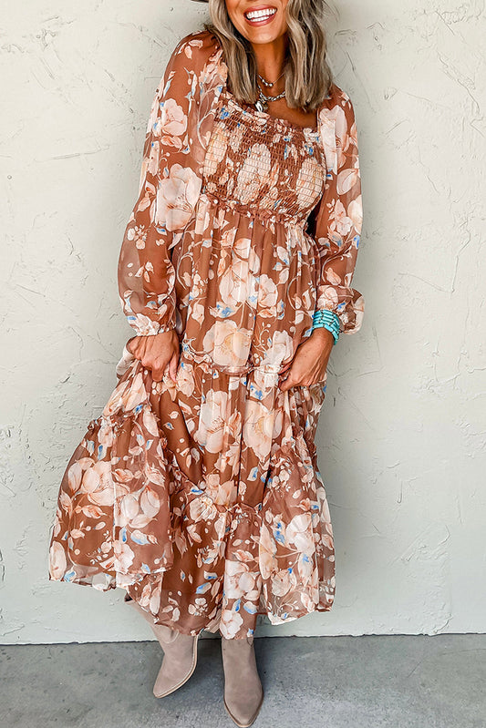 Brown Floral Smocked Maxi