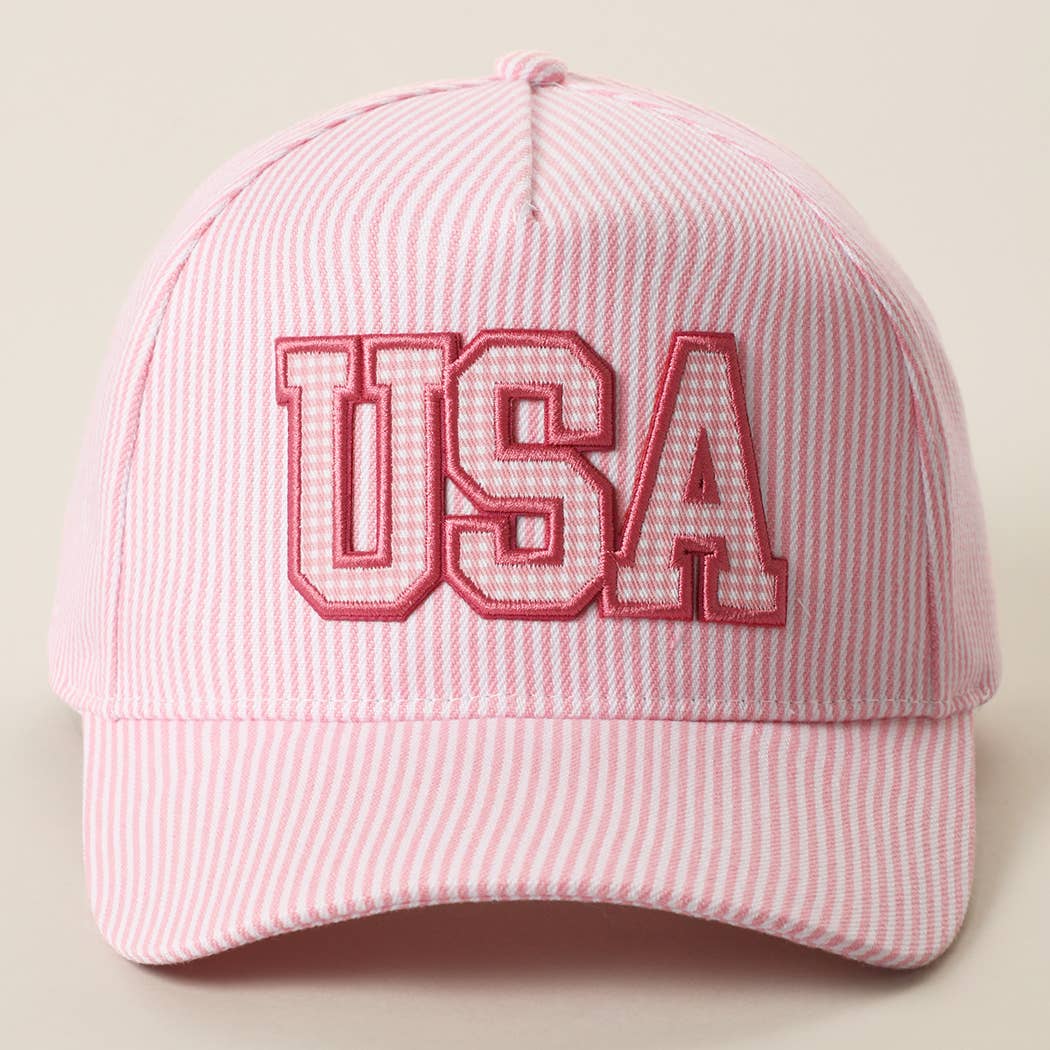USA Embroidered Patch Gingham Stripe Trucker Hat: BLUE / One Size