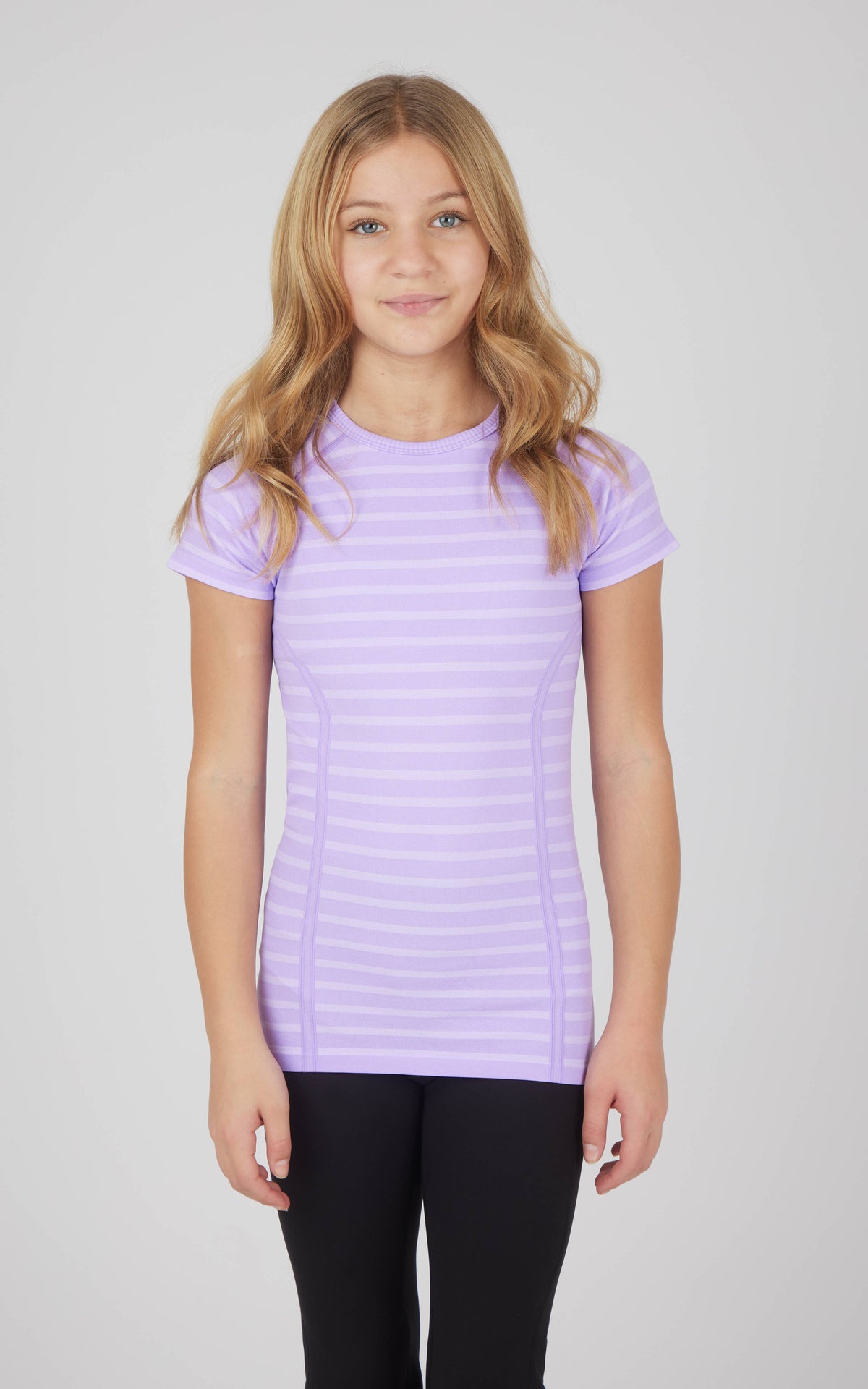 Girls Stripe Seamless Crewneck Short-Sleeves Everyday Tee : PASTEL LILAC