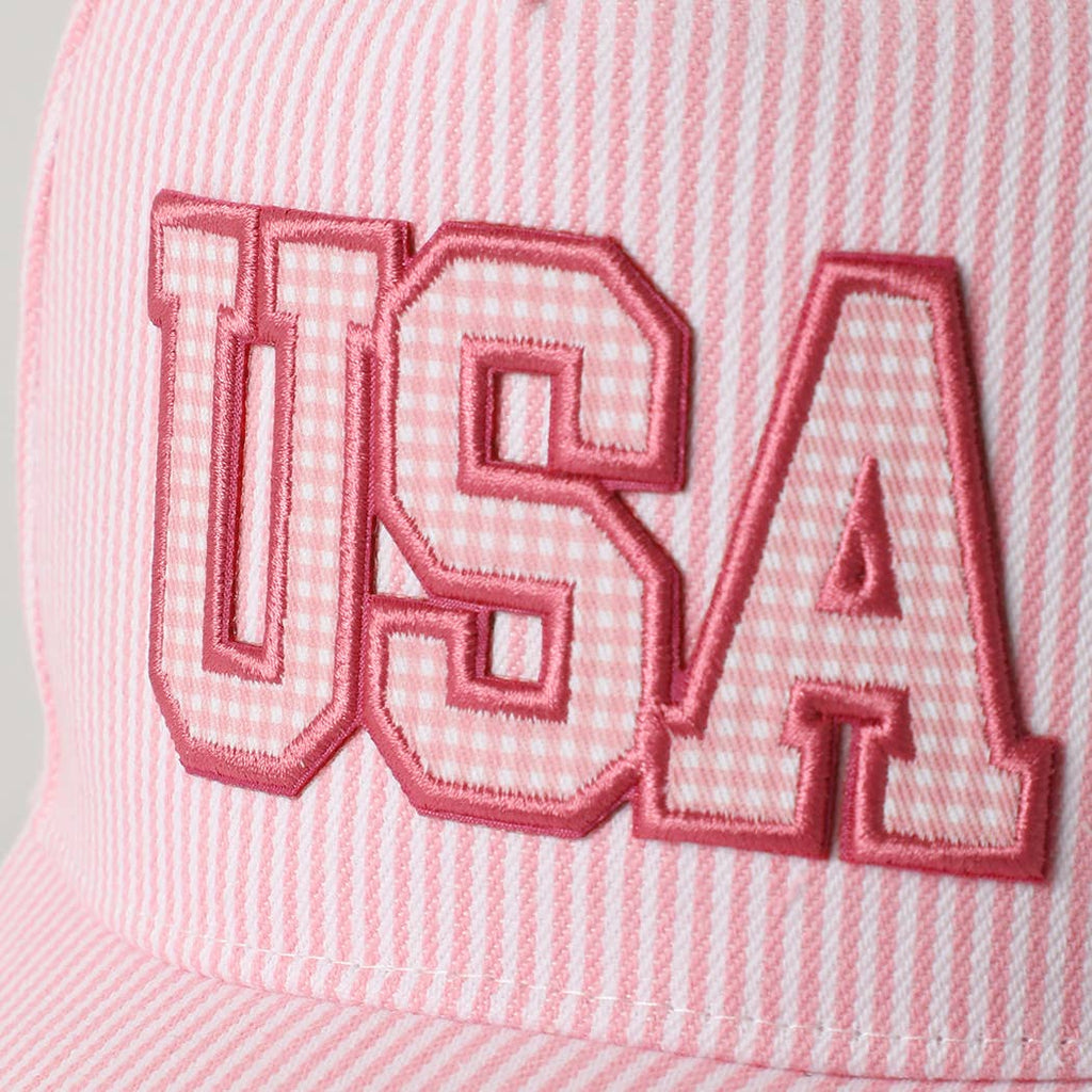 USA Embroidered Patch Gingham Stripe Trucker Hat: BLUE / One Size