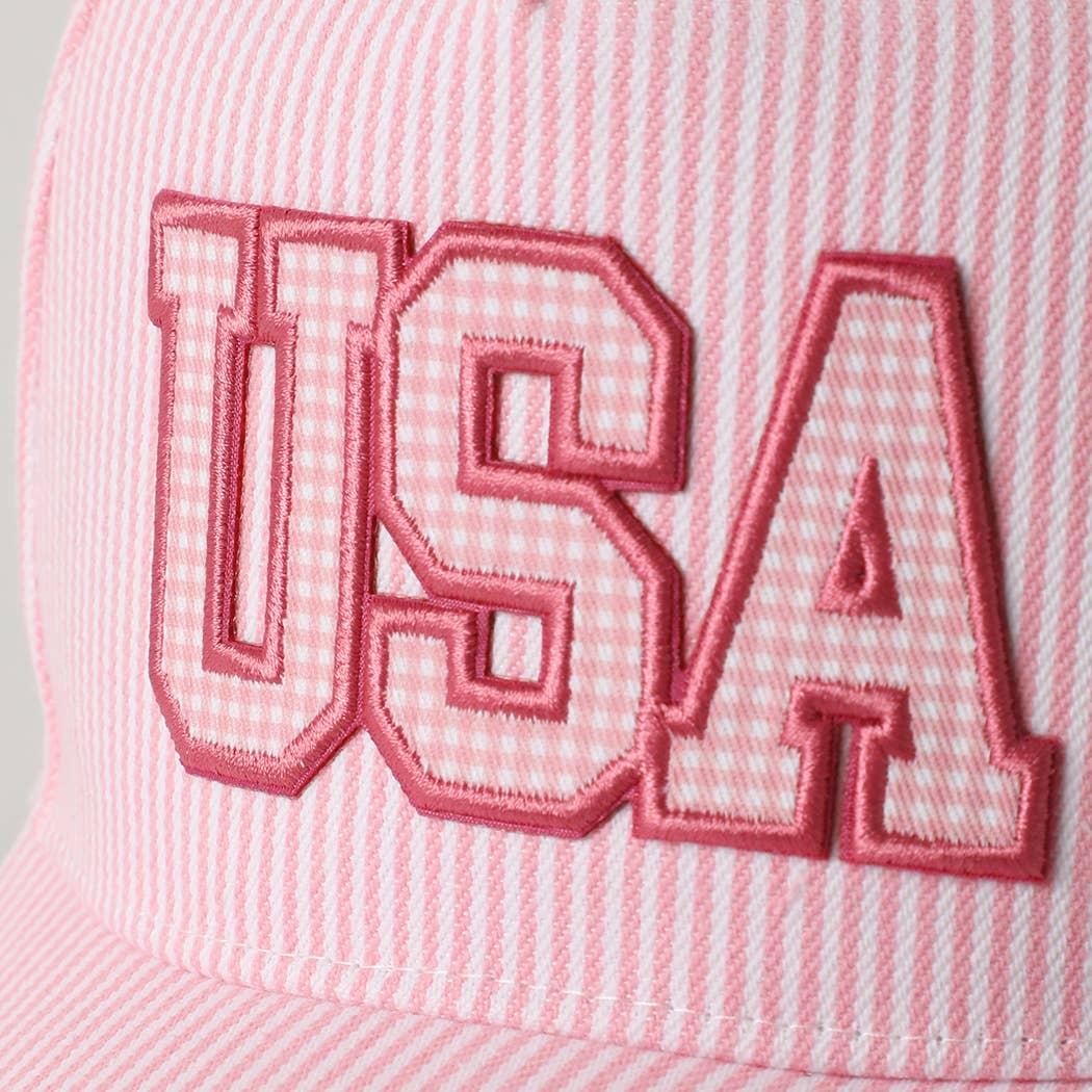 USA Embroidered Patch Gingham Stripe Trucker Hat: BLUE / One Size