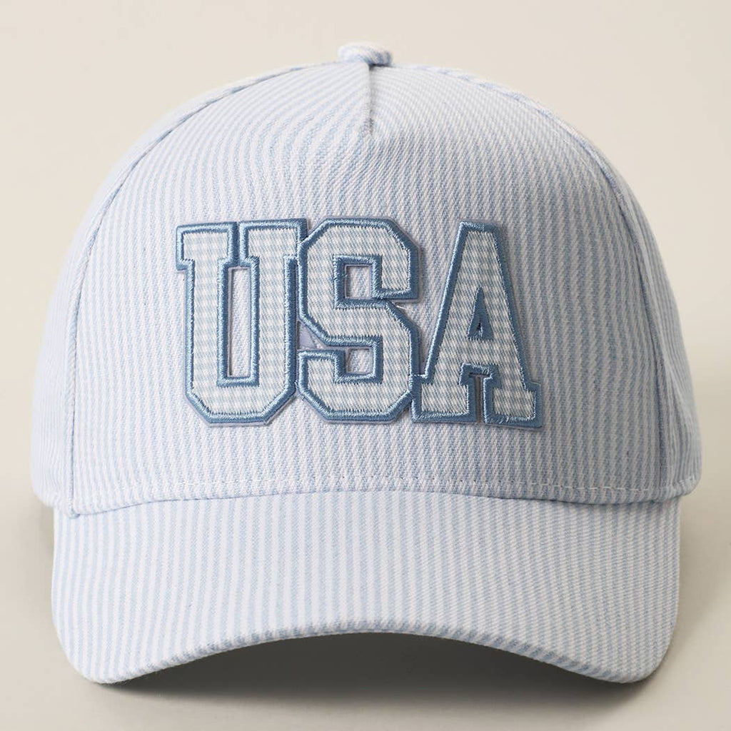 USA Embroidered Patch Gingham Stripe Trucker Hat: BLUE / One Size