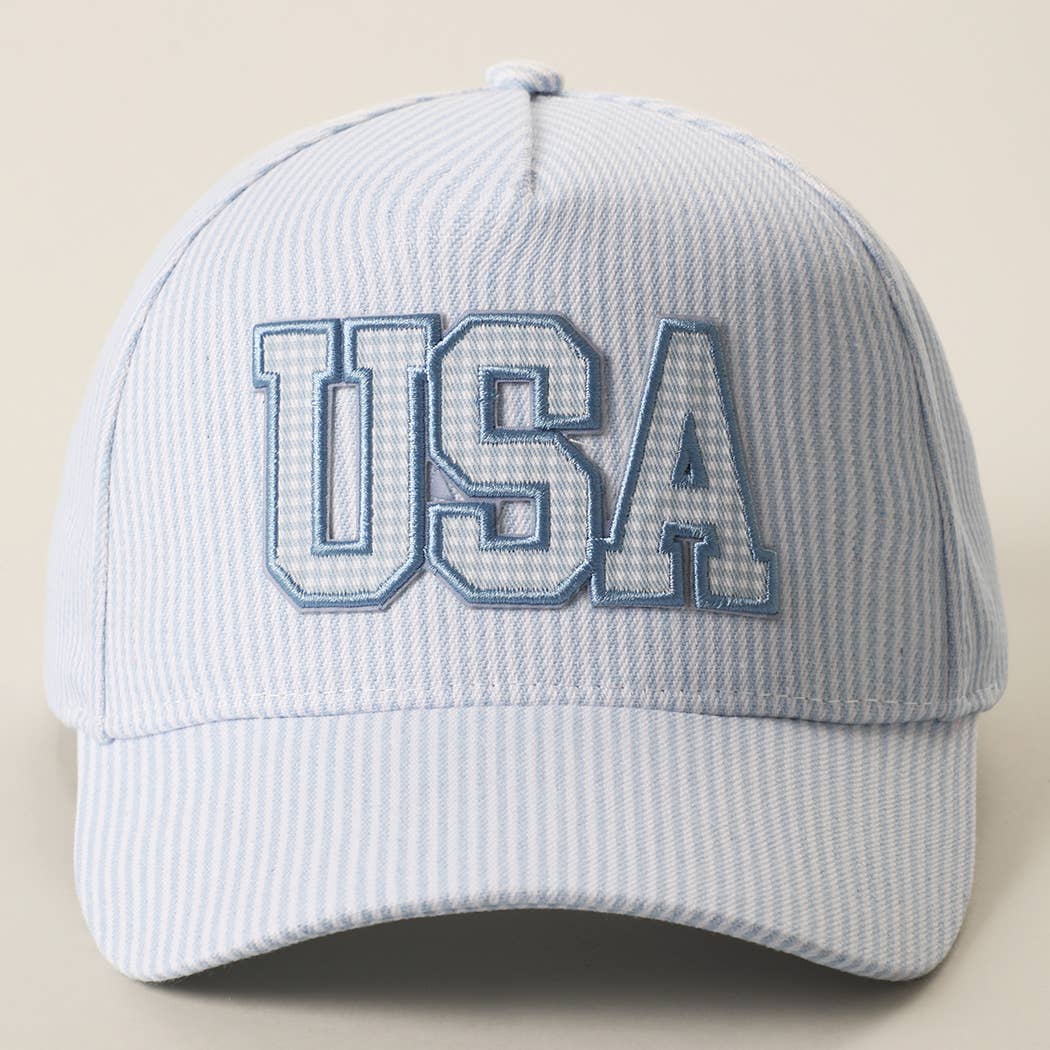 USA Embroidered Patch Gingham Stripe Trucker Hat: BLUE / One Size