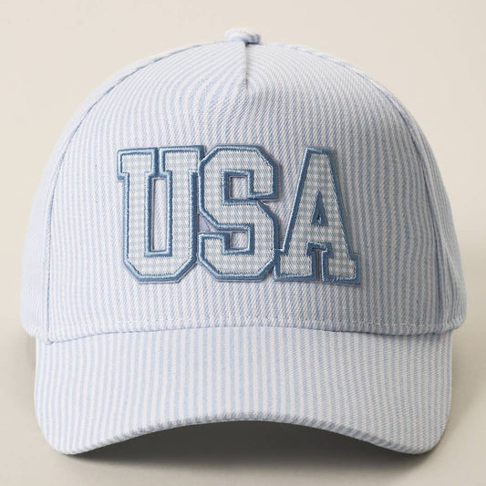 USA Embroidered Patch Gingham Stripe Trucker Hat: BLUE / One Size