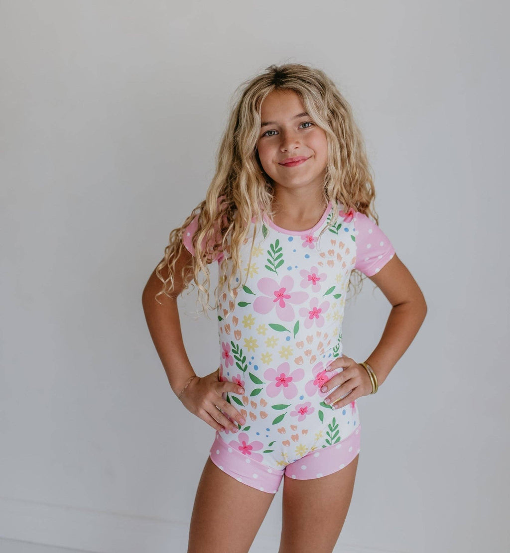 Pink & Yellow Floral Shortie Leotard