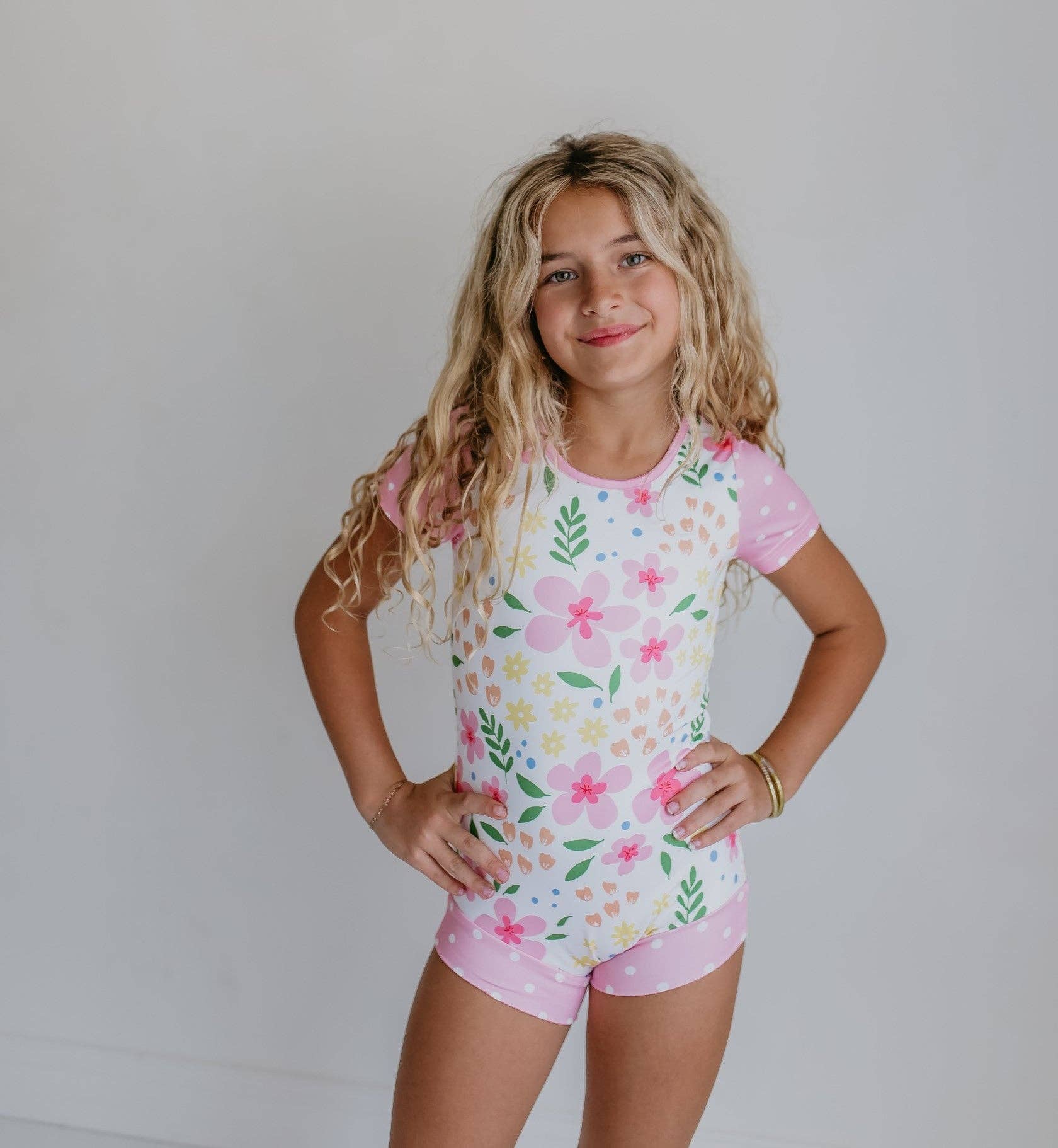 Pink & Yellow Floral Shortie Leotard