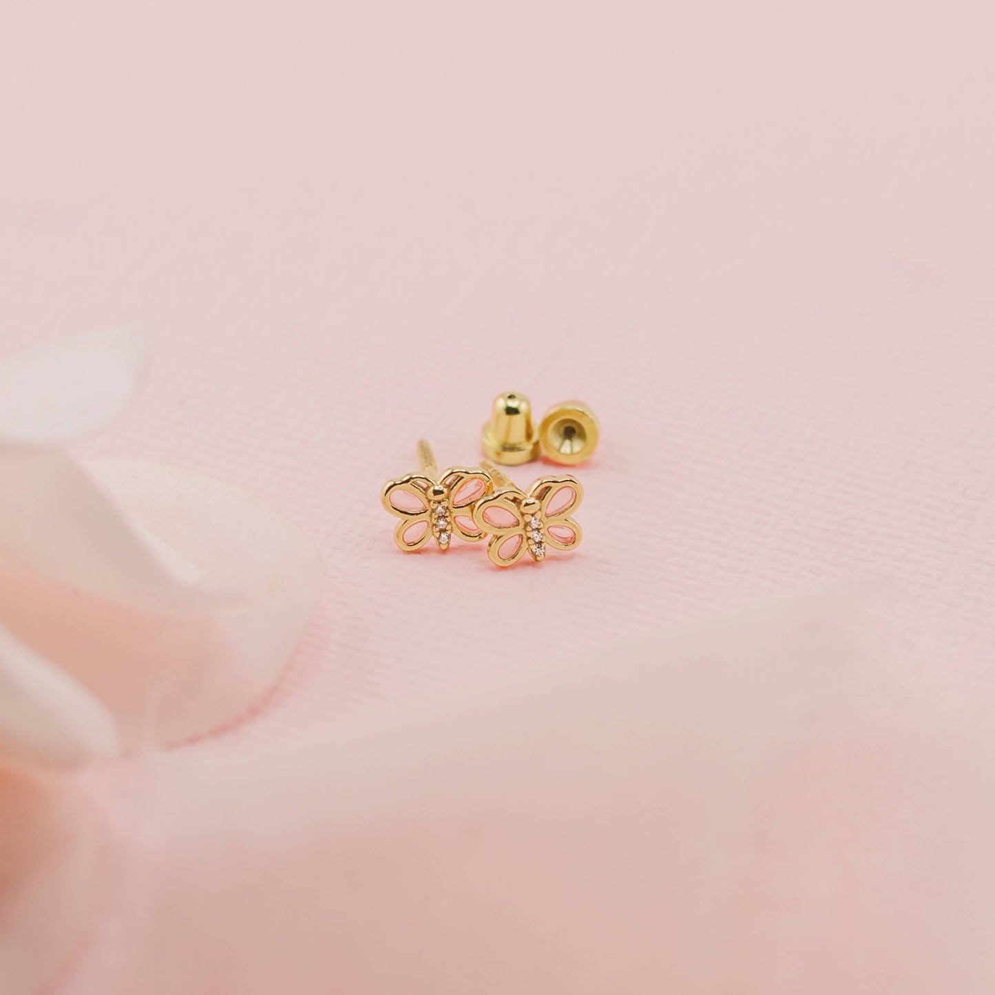14K Gold Plated Girls Screw-Back Pink Butterfly Earrings