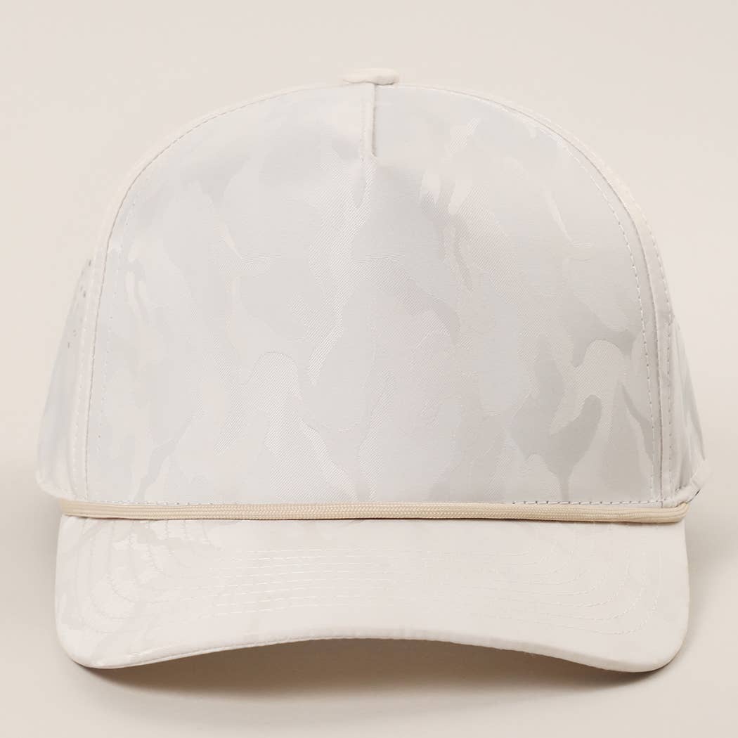White Camo 5 Panel Rope Strap Trucker Hat: LT GREY / One Size