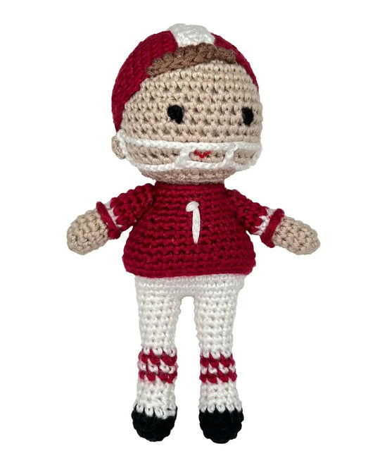 Football Player Bamboo Crochet Rattles in Multiple Colors: Maroon/White / 5" Rattle