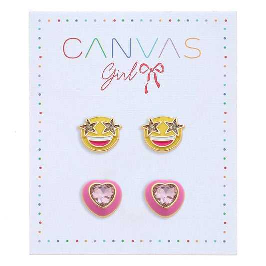 Madeleine Heart & Smiley Face Children's Stud Earrings in Wo